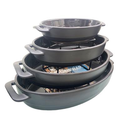 China Sustainable Wholesale Ceramic Baking Dish Pans Rectangle Black Stoneware Bakeware With Handles Bake Dishes Sets for sale