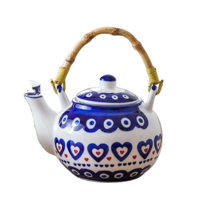 China Factory Wholesale Viable Love Teapot 6 Ceramic Tea Cup Set With Rattan Handle And Wooden Tray Gift Box for sale