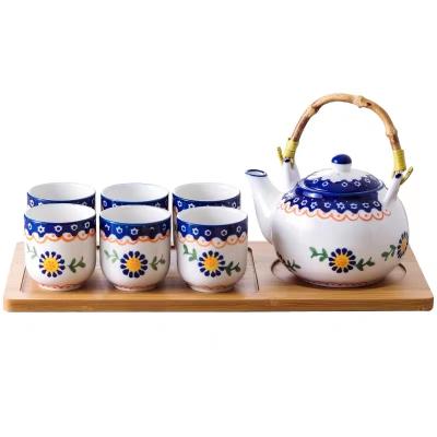 China Viable Daisy Flower Hand Painted Sunflowers Teapot with Six Cups and Wooden Tray Gift Box Packing for sale