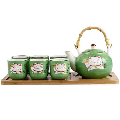 China Hand Painted Viable Bamboo Holder Porcelain Lucky Cat Teapot Cup Set Gift Box Packaging for sale