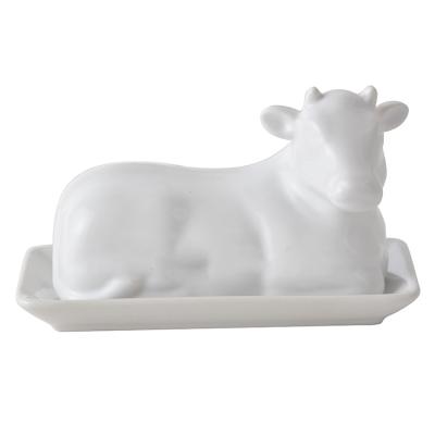 China Disposable White Color Cow Shape Rectangle Flat Butter Dish Tableware Ceramic Butter Container With Lid for sale