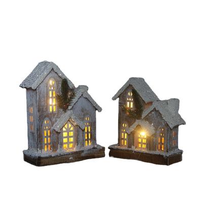 China Wooden Crafts Christmas Village Wooden House With Lights Christmas Wooden House Battery Operated Wooden Church House for sale