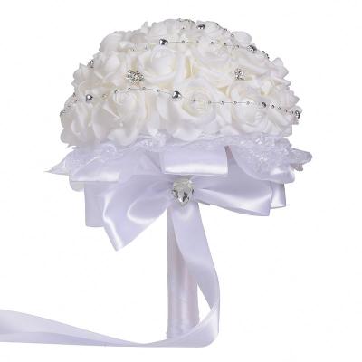 China Lustrous like satin cotton and PE romantic artificial white ivory flowers bridal hand holding Rose Wedding Bouquet for sale