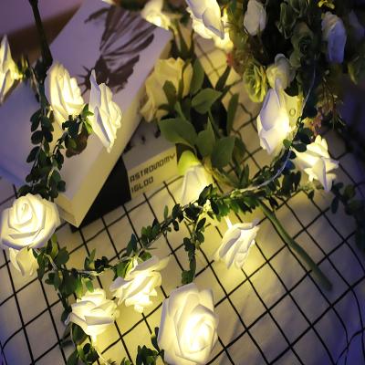 China New Rose Battery Box Usb Decoration Led Light String DIY Garland Simulation Green Leaf Lantern Christmas Rattan Flower Rattan Home Decor for sale