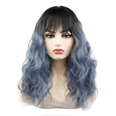 China Cosplay Synthetic Curly Wigs Water Wave Women Rainbow Colored Hair Ombre Wig Blue Bangs for sale