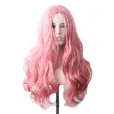 China Wholesale Water Wave Cheap Women Cosplay Hair Heat Resistant Synthetic Wigs Wavy Colorful Pink Wig Long for sale