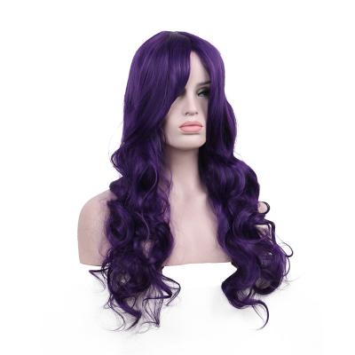 China Cheap Water Wave Hair Heat Resistant Synthetic Wigs For Women Long Purple Cosplay Wig With Wavy Bangs for sale