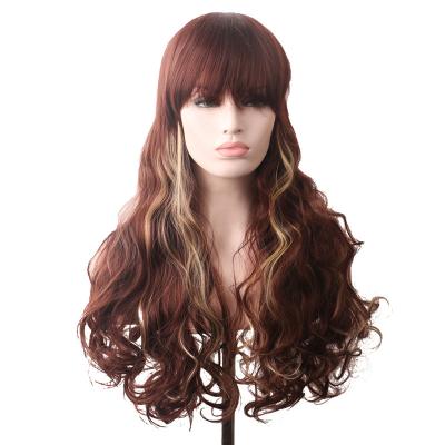 China Water Wave Colored Long Heat Resistant Synthetic Hair Cosplay Wigs For Women Brown Wavy Wig With Bangs for sale