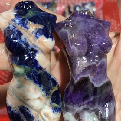 China Europe Crystal Female Model Figurines Female Body Crystal Hand Carved Sodalite Labradorite Cream Amethyst Goddess Figurine for sale