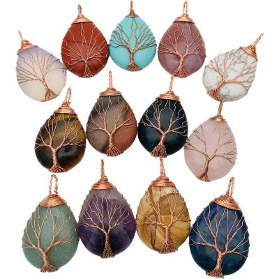 China OEM&ODM Globe Crystal Opens Stainless Steel Handmade Wire Wrapped Tree Various Life Water Drop Healing Gemstone Pendants Necklace for sale