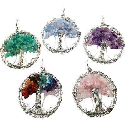 China China OEM&ODM Craft Crystal Handmade 7 Chakra Stainless Steel Wire Wrap Gold Silver Tree of Life Healing Gemstone Pendant Necklace for sale