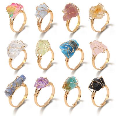 China 2022 Globe Top Selling Crystal Different Colors Irregular Hand Wire Wrap Mineral Adjustable Open Gold Crystal Rings Raw Natural Unique for sale