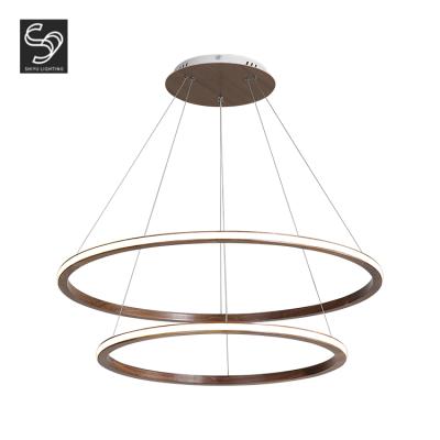 China Hotel Double Layer Round Modern Nordic Dimmable Copper Ring Sapele Wood Chandelier Leiling Light for sale