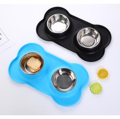 China Sustainable Stainless Steel Double Dog Bowls Silicone Mat Feeder Bowls Pet Bowl For Cats And Dogs Pets for sale