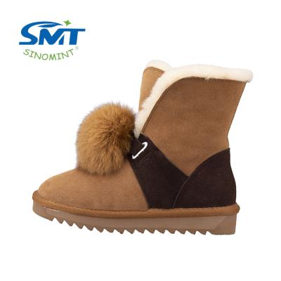 China Custom Fashion Trend Cow Suede Leather Furry Sheepskin Fur Soft Belle Ball Snow Boots Shoes for sale