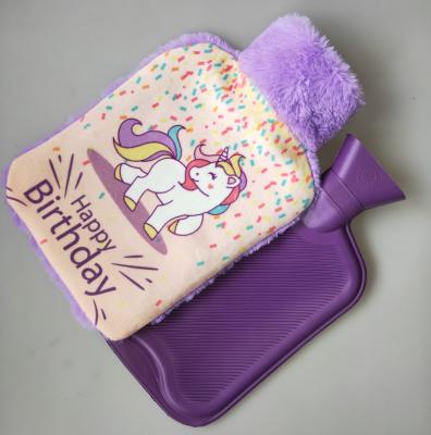 China Hot water put inside cute print on soft plush and fur cover with BS quality rubber hot water bottle for gift for sale