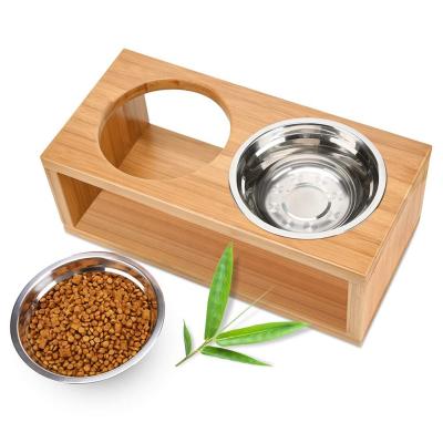 China Auto Elevated Dog and Cat Bowls, Raised Pet Feeder with 2 Stainless Steel Bowls, Solid Bamboo Stand Perfect for Cats and Dogs for sale