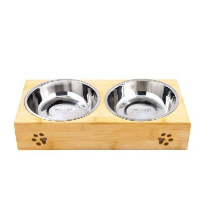 China Automatic Elevated Dog Cat Bowls with Stand, Solid Bamboo Non Slip Elevated Dog Cat Bowls and 2 Stainless Steel Food Water Bowls for sale