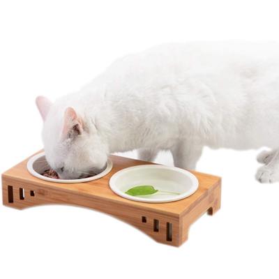 China Automatic Bamboo Stand Pet Bowls Elevated Cat Bowls with Bamboo Stand for Cats and Puppy (2 Bowls, Ceramic) for sale