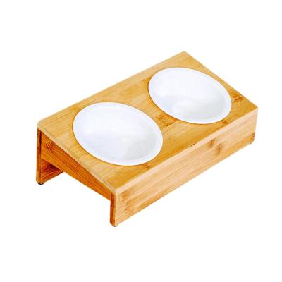 China Automatic Elevated Bamboo Pet Table With Raised Ceramic Bowls/Tilted Station Cats/Dog Food/Drink Anti-Slip Water Resistant for sale