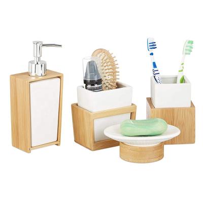 China Sustainable 4-Piece Bathroom Accessories Set, Bamboo and Ceramic, Soap Dispenser and Tumbler, Natural/White for sale