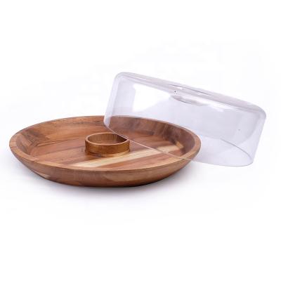 China Mordern Handcrafted Acacia Wood Scrap and Dip Specialty Salsa Bowl Dish Tray With Lid for sale