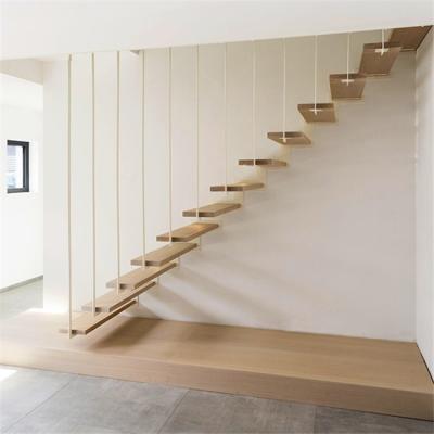 China Modern Modern Interior Staircase Floating Staircase With Glass Balustrade And Wood Treads for sale