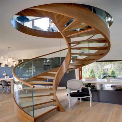 China Modern Custom Curved Staircase With Wooden Step Glass Enclosure U Shaped Wood Staircase for sale