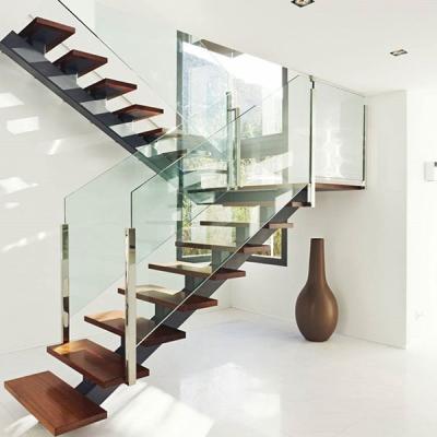 China Modern U Shaped Glass Wood Stairs Design Indoor Mono Stringer Staircase for sale