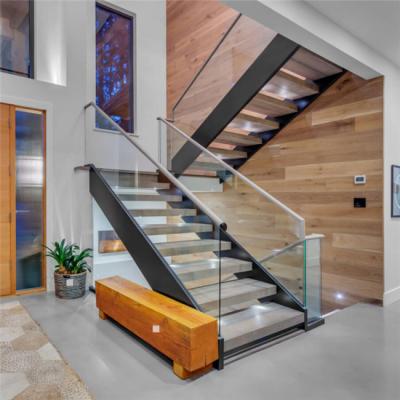 China Modern Hot Selling Double Beams Staircase Straight Stairs With Glass Rails Design for sale