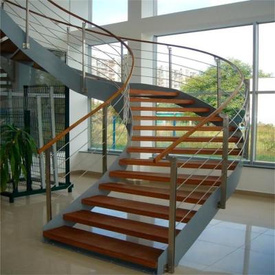 China Modern staircase ideas with interior exterior curved glass balustrade and wood tread stairs for sale