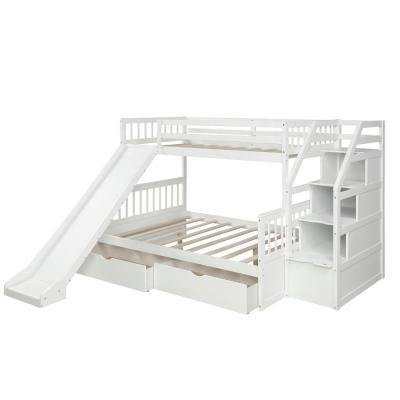 China Factory direct sale modern white twin above full bunk bed with drawers and slide for sale