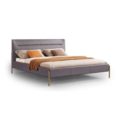 China Luxury high quality modern elegant light luxury italian leather and stainless steel gold frame king size soft double bed for sale