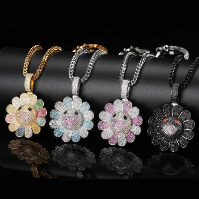 China High Quality Zircon Dangling Multicolor Flower Micro Set Cadena Sunflower Rotating Hip Hop Jewelry Hip Hop Pendant Necklace for sale