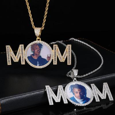 China Wholesale Custom Photo Hip Hop Gift Hiphop Mother's Day Pendant Square Iced Out Zircon Letter MOM Around Photo Pendant Necklace for sale