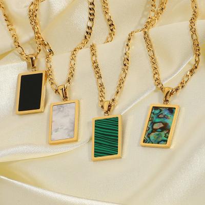 China FASHIONABLE Rectangle Abalone Malachite Onyx Mother Shell Pendant Willow Necklace Gold Plated Stainless Steel Figaro Chain Necklace for sale