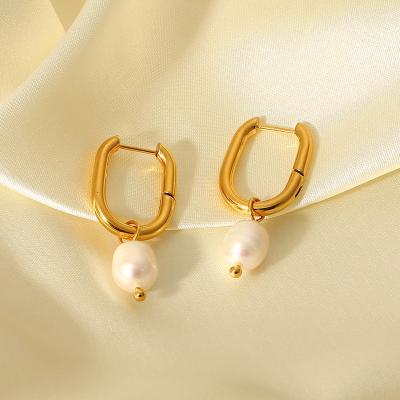 China FASHIONABLE 18K Gold Plated Freshwater Pearl U Shaped Stainless Steel Earrings Single Pearl Dangle Earrings Jewelry for sale