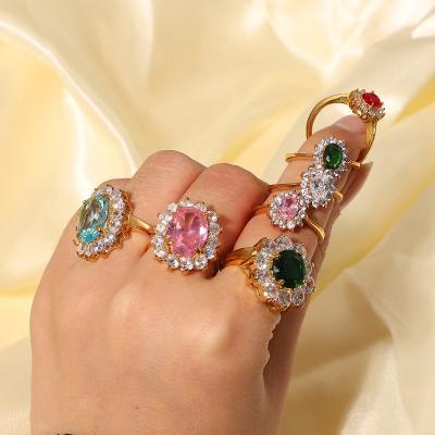 China Custom Made Female Fashion 18K Gold Plated Colorful Oval Zircon Rings Stainless Steel Sunflower Iced Out Ring Jewelry for sale