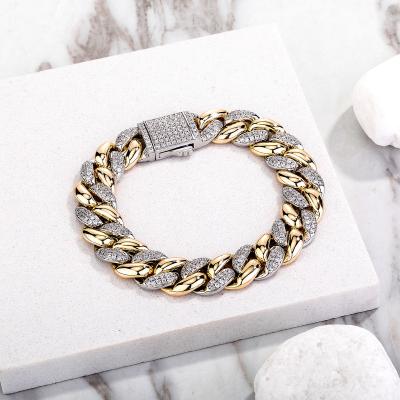 China Punk Hip Hop Fashion Jewelry 18K Gold Plated Iced Out 9MM 14mm Round Zircon Diamond Cuban Link Chain Bracelet for sale