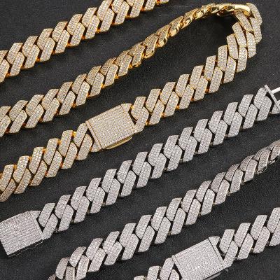 China OEM 925 Dramatic 20MM Silver Hiphop VVS Iced Out Zircon Chains Mens 3 Row 5A Hip Hop Necklace Miami Cuban Link Chain for sale