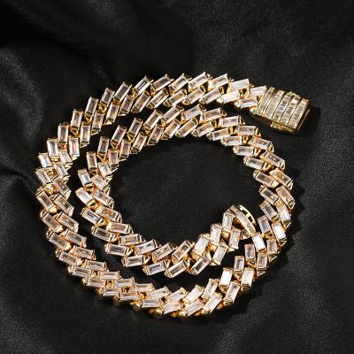 China New Arrival Hiphop Cuban Necklace 12mm T Chain Square Zircon Spring Buckle Necklace Jewelry for sale