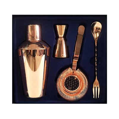 China Viable China Manufacture 4 Pieces Stainless Steel Rose Gold Cocktail Shaker Maker Set Tool Kit Bar with Jigger and Sieve Spoon Fork for sale