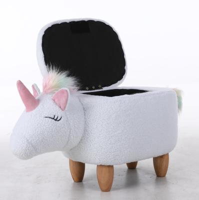 China Solid Wood Cotton Fabric Unicorn Storage Chair Kid Stool With Compartment Foot Rest Seat For Children for sale