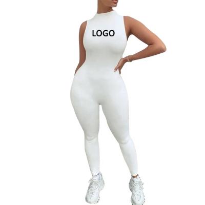 China Custom OEM anti-pilling logo apparel vendors women jumpsuit sportswear knit one-piece women white fitted sleeveless jumpsuit overalls for sale