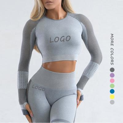 China 2021 Light Blue Breathable Flawless Sport Crop Top Lightweight Mesh Fabric Long Sleeve Crew Neck Yoga Set for sale