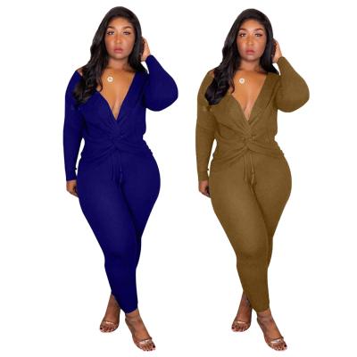 China Anti-Wrinkle HD511 2021 Sale Snap Deep V-Neck Pants Set Solid Two Piece Women for sale