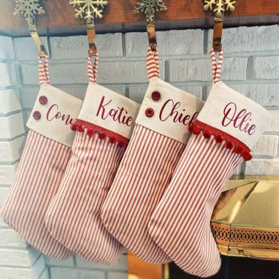 China Christamas Decoration Monogram Sublimation Pom Pom Cotton Stocking Striped Custom Christmas Stocking for sale