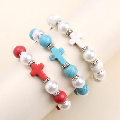 China Religious Fashion Jewelry Christian Pearl Turquoise Bead Cross Natural Stone Bracelet for sale