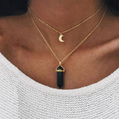 China Fashion TRENDY Gold Plated With Natural Hexagonal Bullet Pendant Pendulum Stone Crystal Pendant Necklace for sale