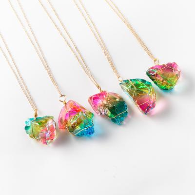 China Rainbow Irregular Raw Stone Gemstone Chakra Jewelry Fashion Pendant Healing Crystal Necklace for sale